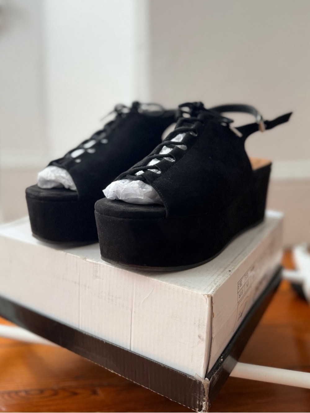 Black Platform Lace-Up Peep-Toe Sandals